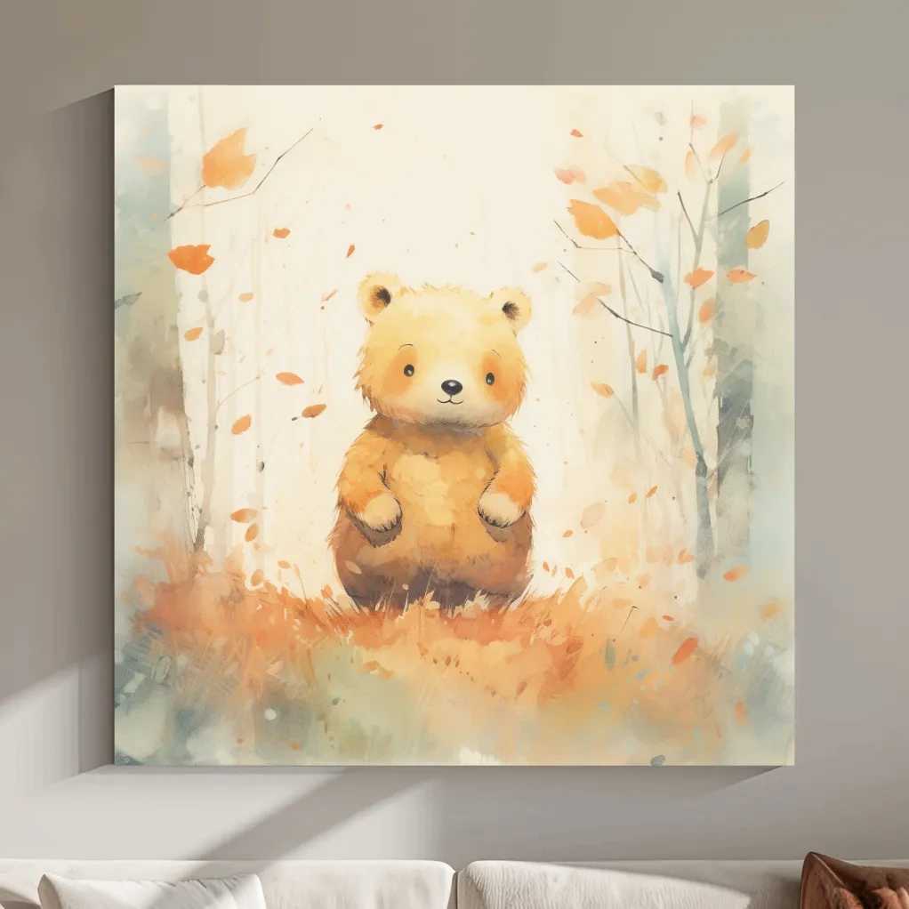 Cute Watercolor Bear Cub In Autumn Forest - Whimsical Nursery Animal Wall Art