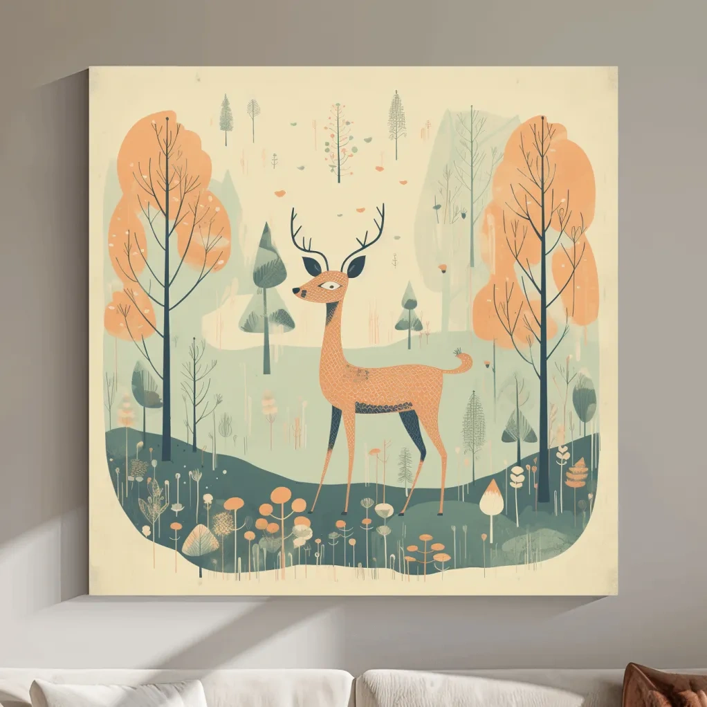 Deer artwork illustration for a nursery, folk art style