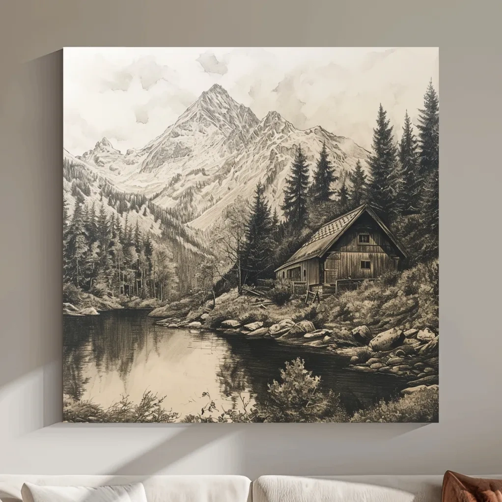 Vintage Sepia Mountain Cabin Lake Scene - Rustic Alpine Forest Landscape Art