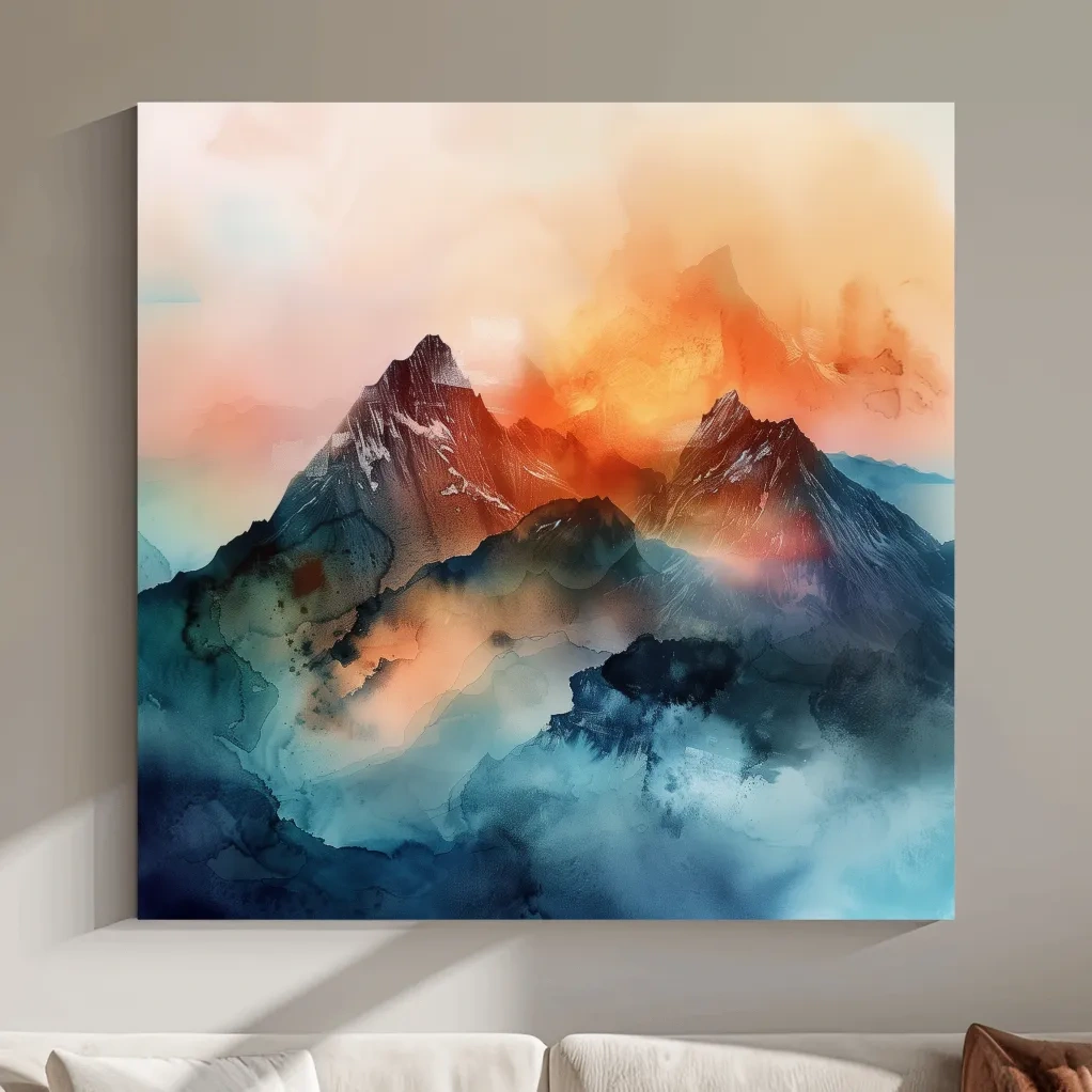A mountain art scene made from colourful abstract shapes