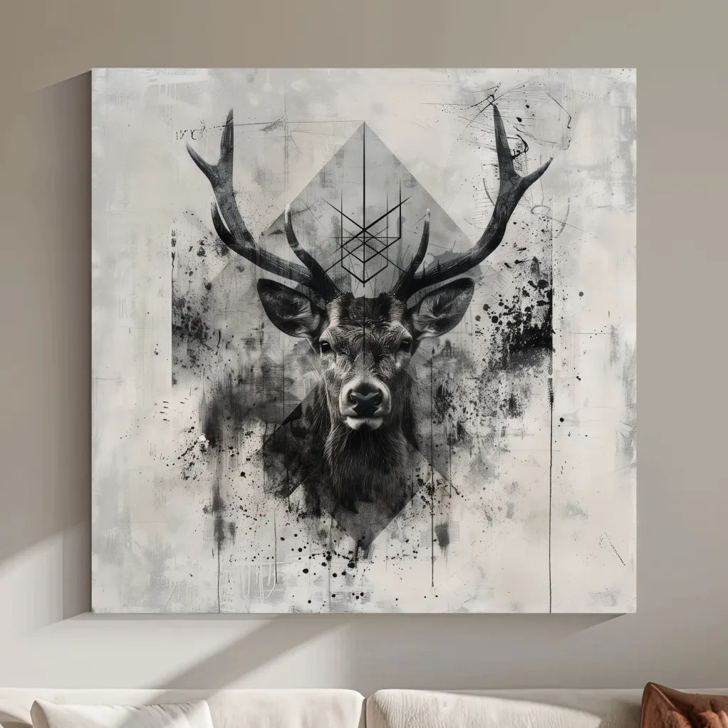 Tribal Monochrome Deer Stag Portrait - Tattoo Style Wildlife Wall Art