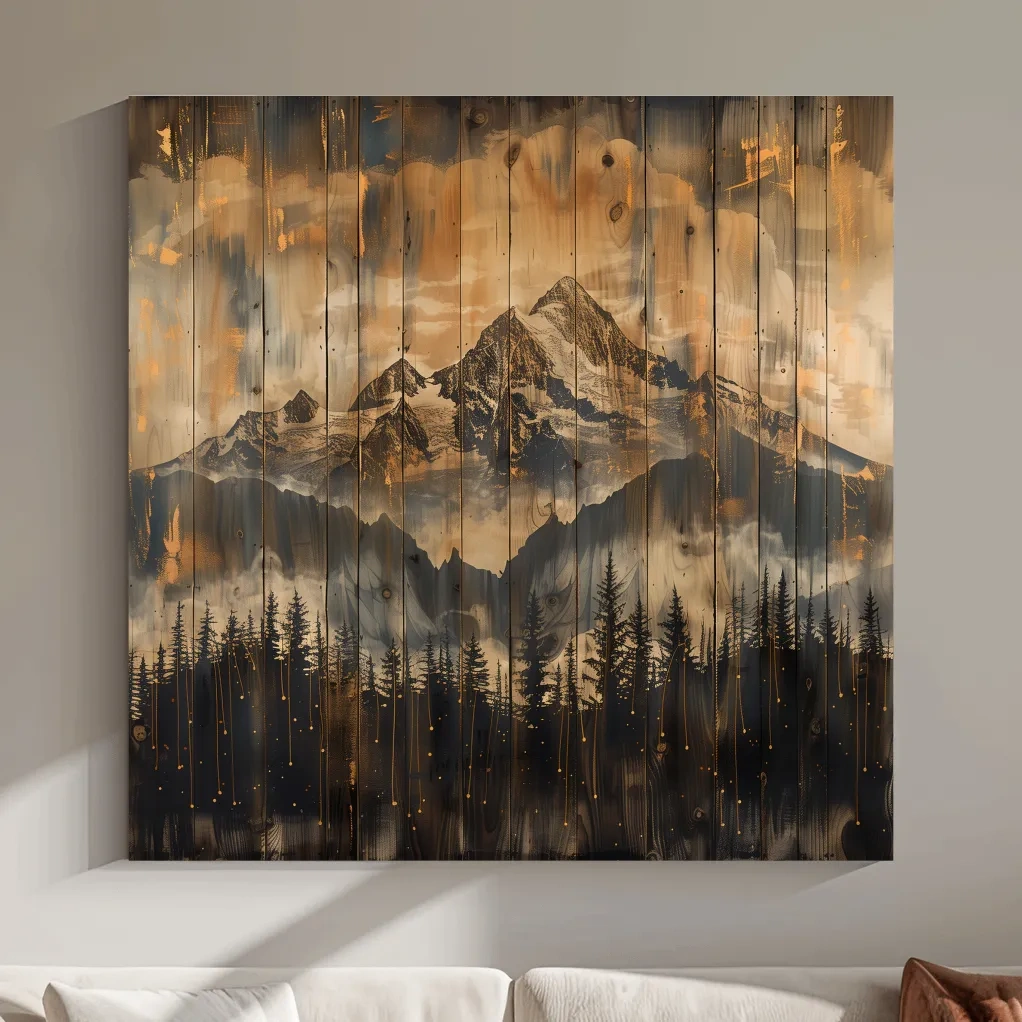 Mountain range cabin art, rustic wood burning effect, wooden panel style