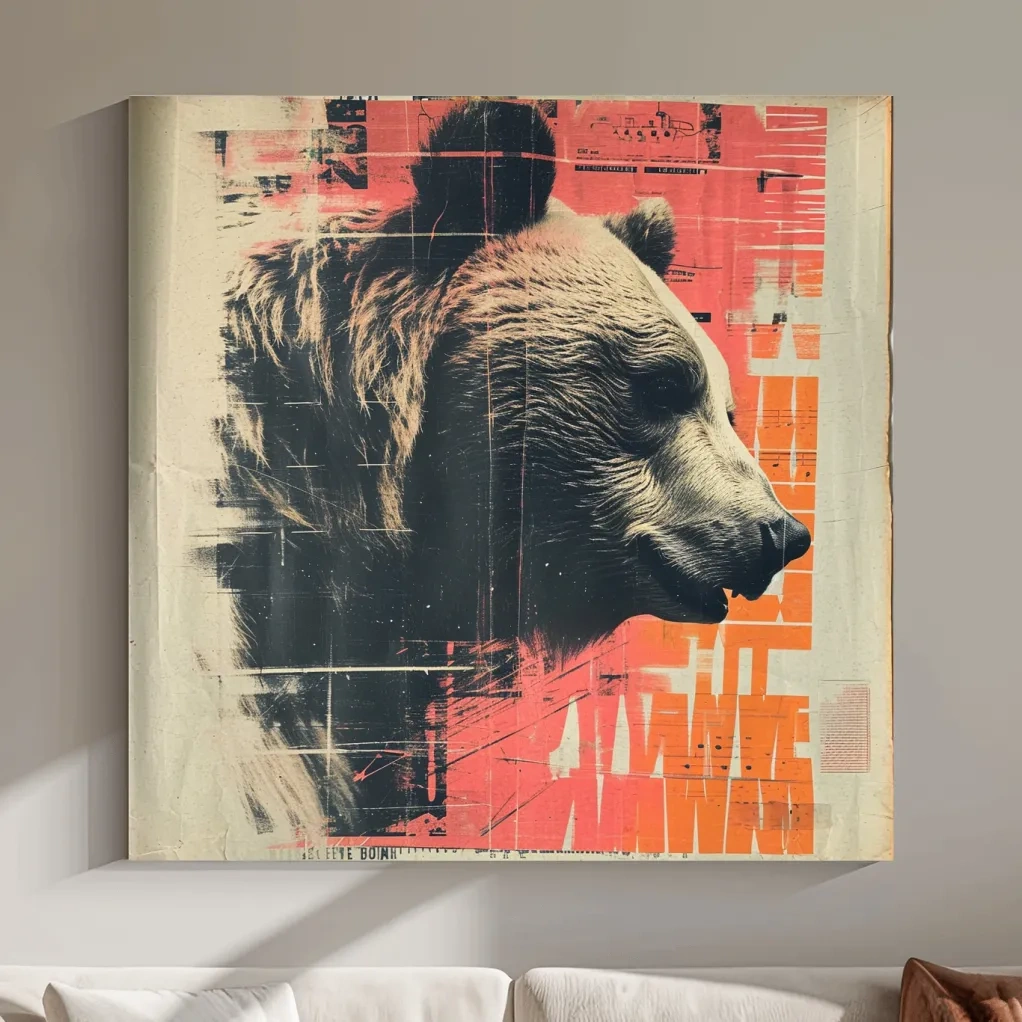 Grizzly bear artwork, magazine collage style art illustration