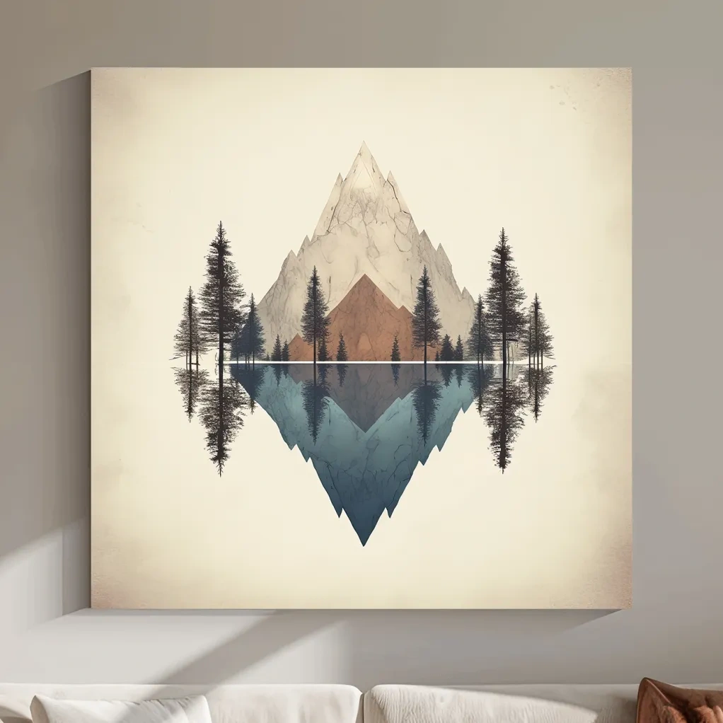 Minimalist Geometric Mountain Lake Reflection - Pine Forest Landscape Wall Art