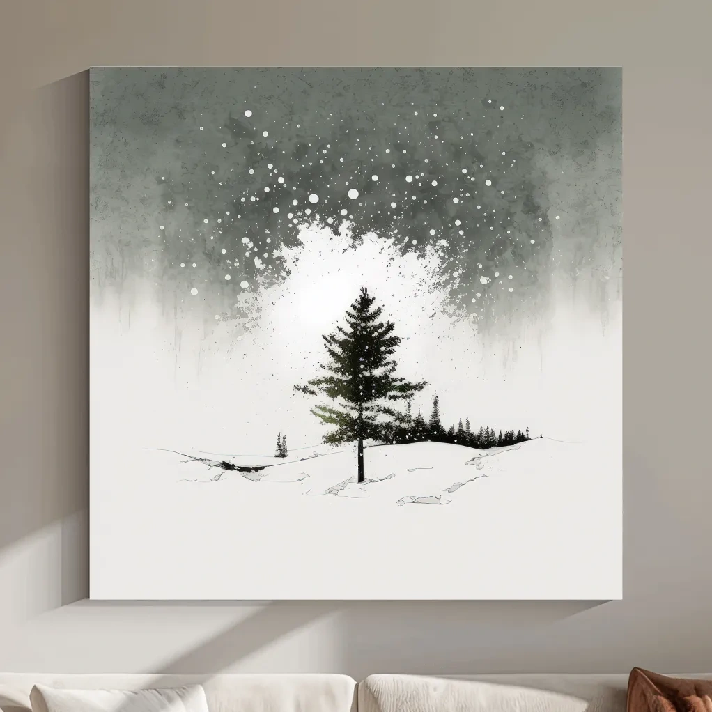 Minimal black and white art painting, lonely winter tree in the snow