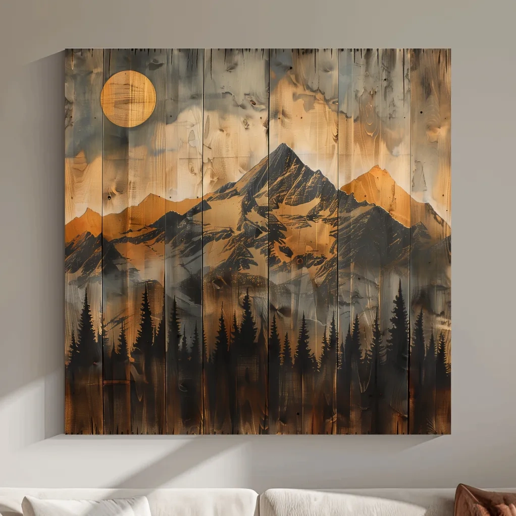 Rustic Woodgrain Mountain Sunset Artwork - Vintage Pine Forest Wall Art