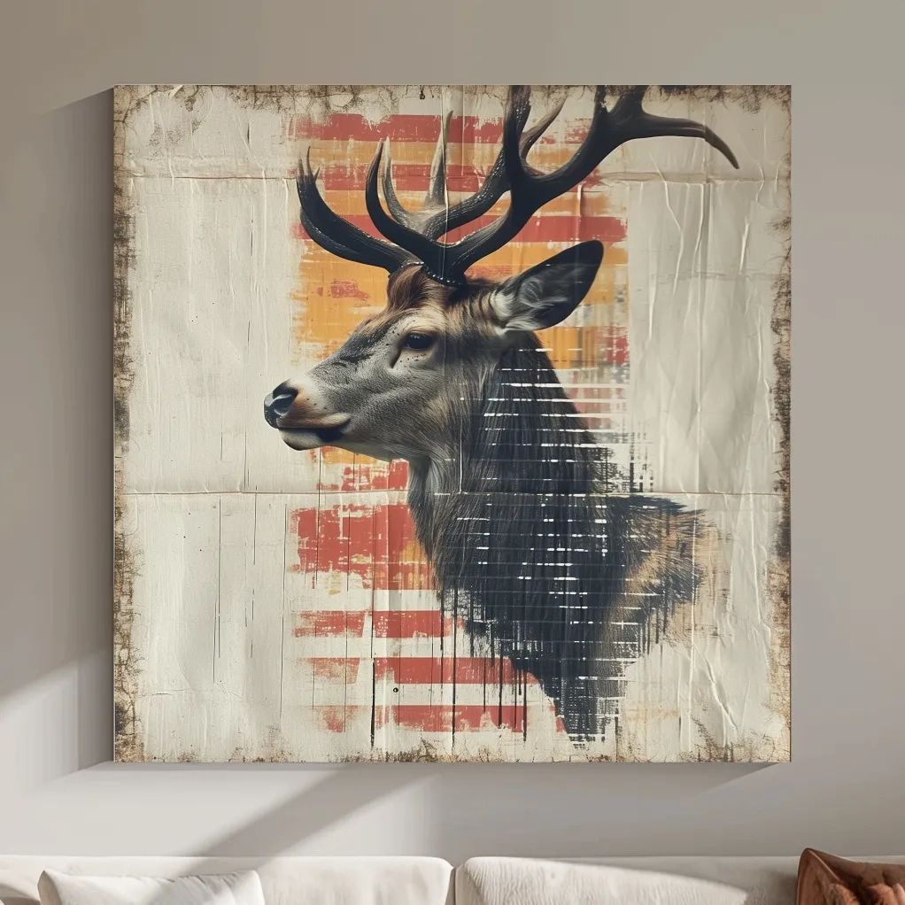 Deer head artwork, collage style art on textured paper