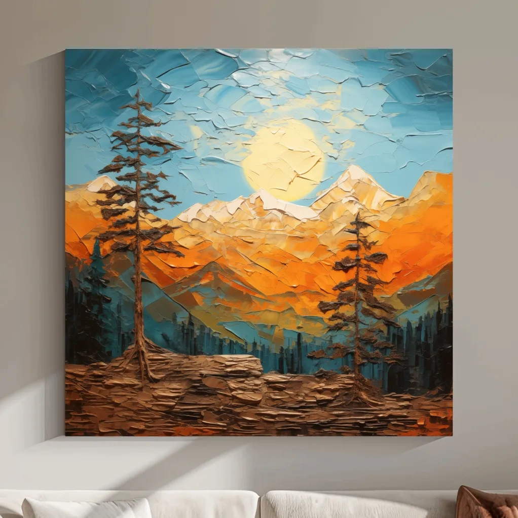 Mountains at sunset artwork print, thick impasto textured oil painting effect