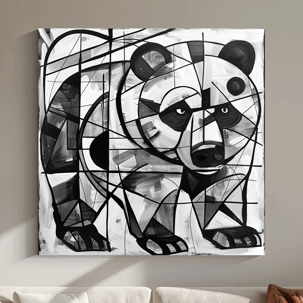 Abstract cubism style painting of a black bear