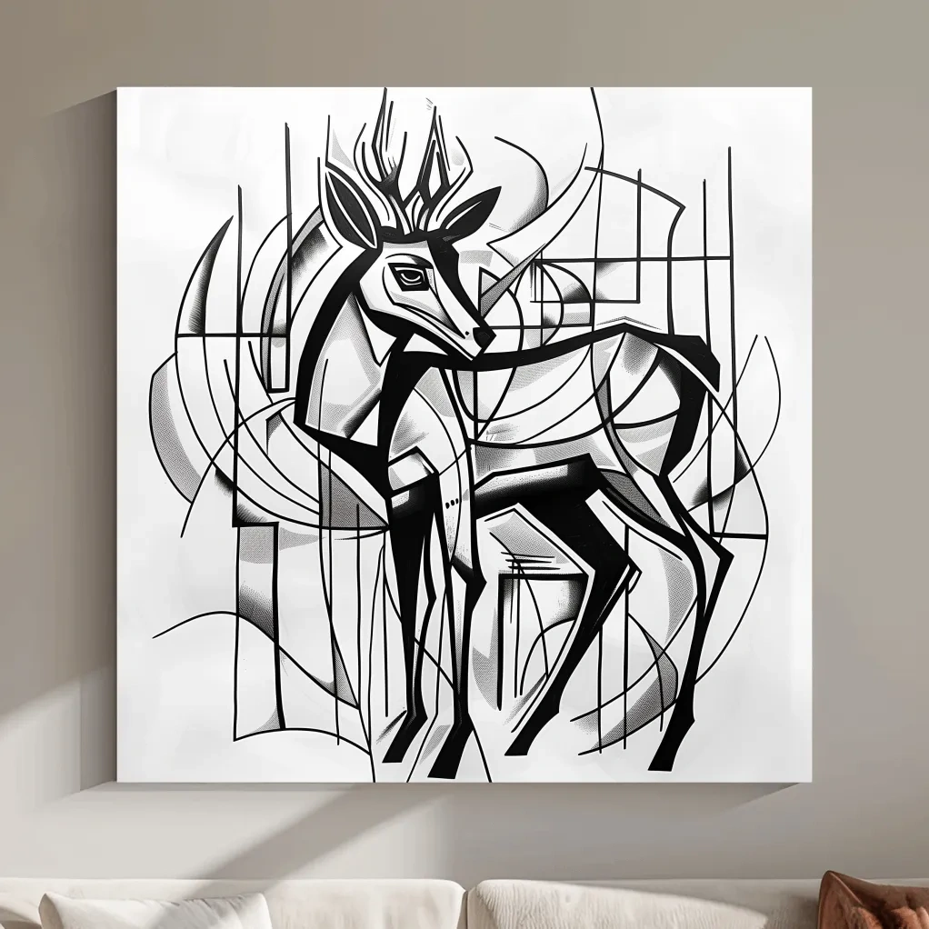 Cubism Abstract Stag Artwork - Modern Black And White Wildlife Wall Art