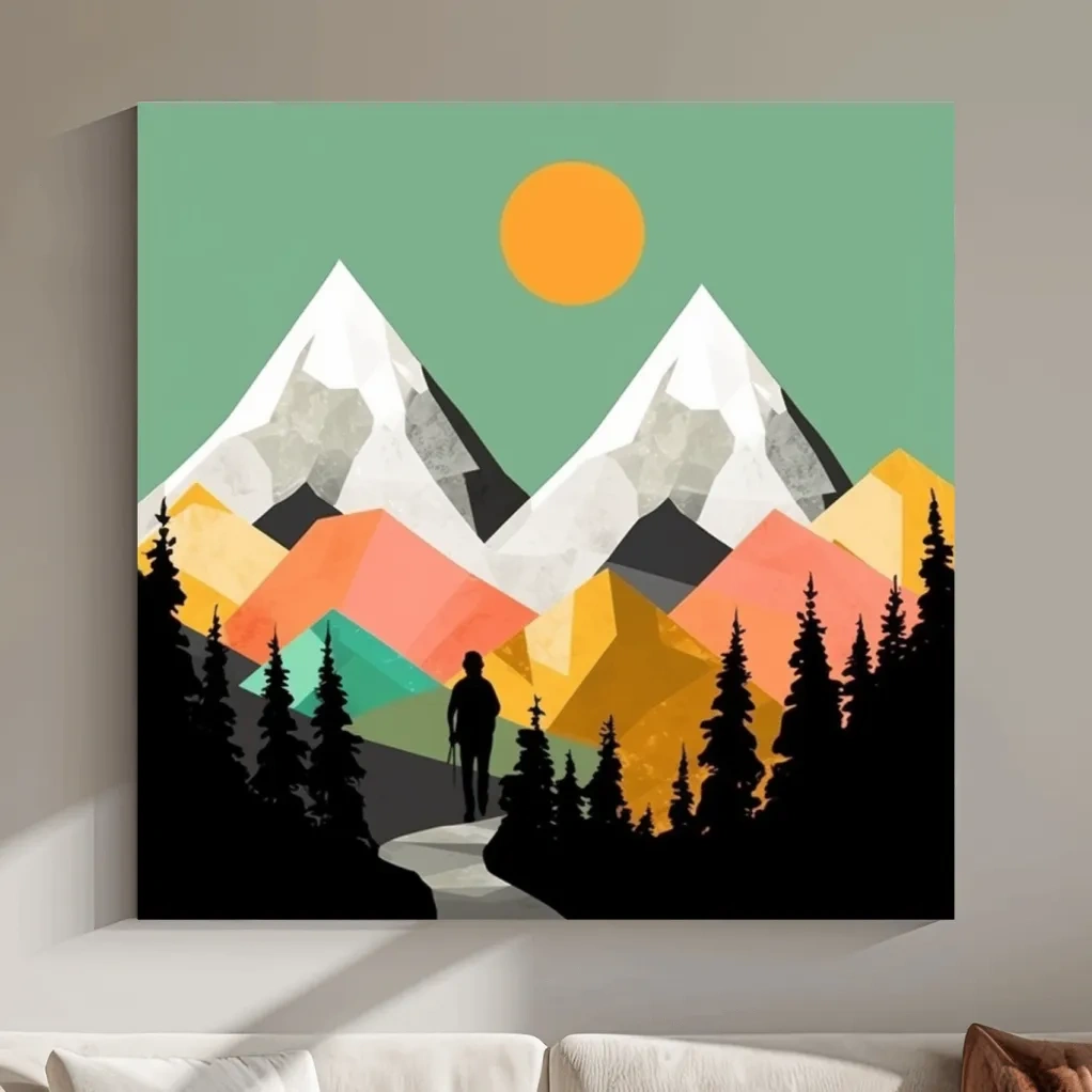 A mountain art scene made from colourful abstract shapes