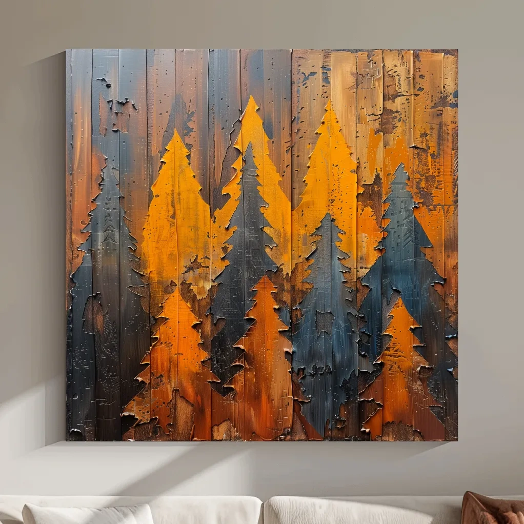 Autumn Pine Forest Silhouettes - Rustic Painted Wood Wall Art