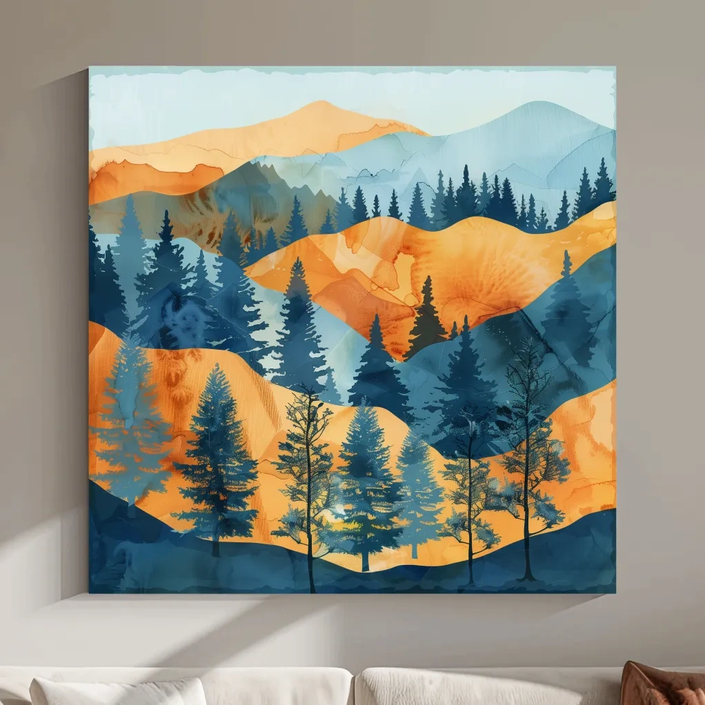Watercolour painting forest wall art, pine trees, rolling hills and mountains