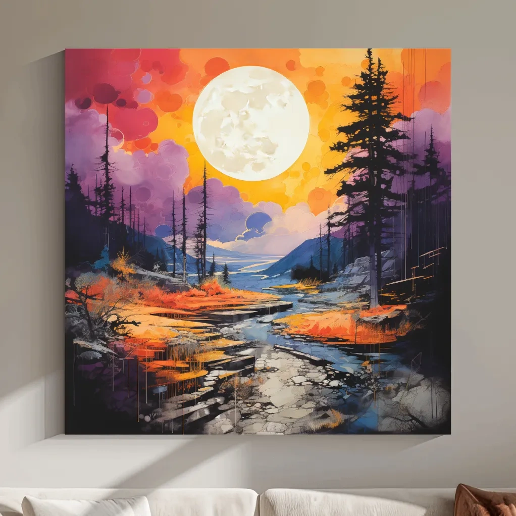 Colorful river and mountain sunset scene, illustration wall art