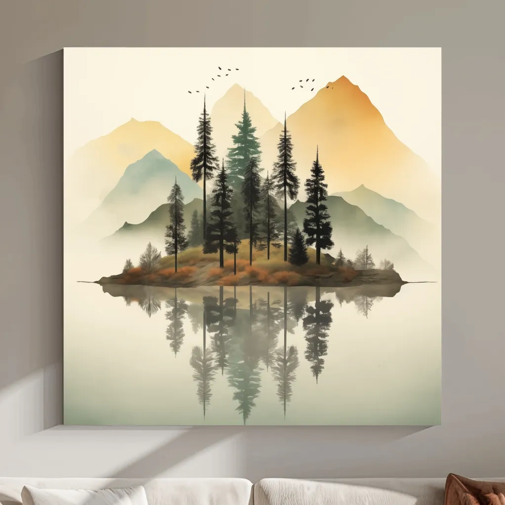 Misty Pine Forest Island Reflection - Minimalist Mountain Lake Wall Art