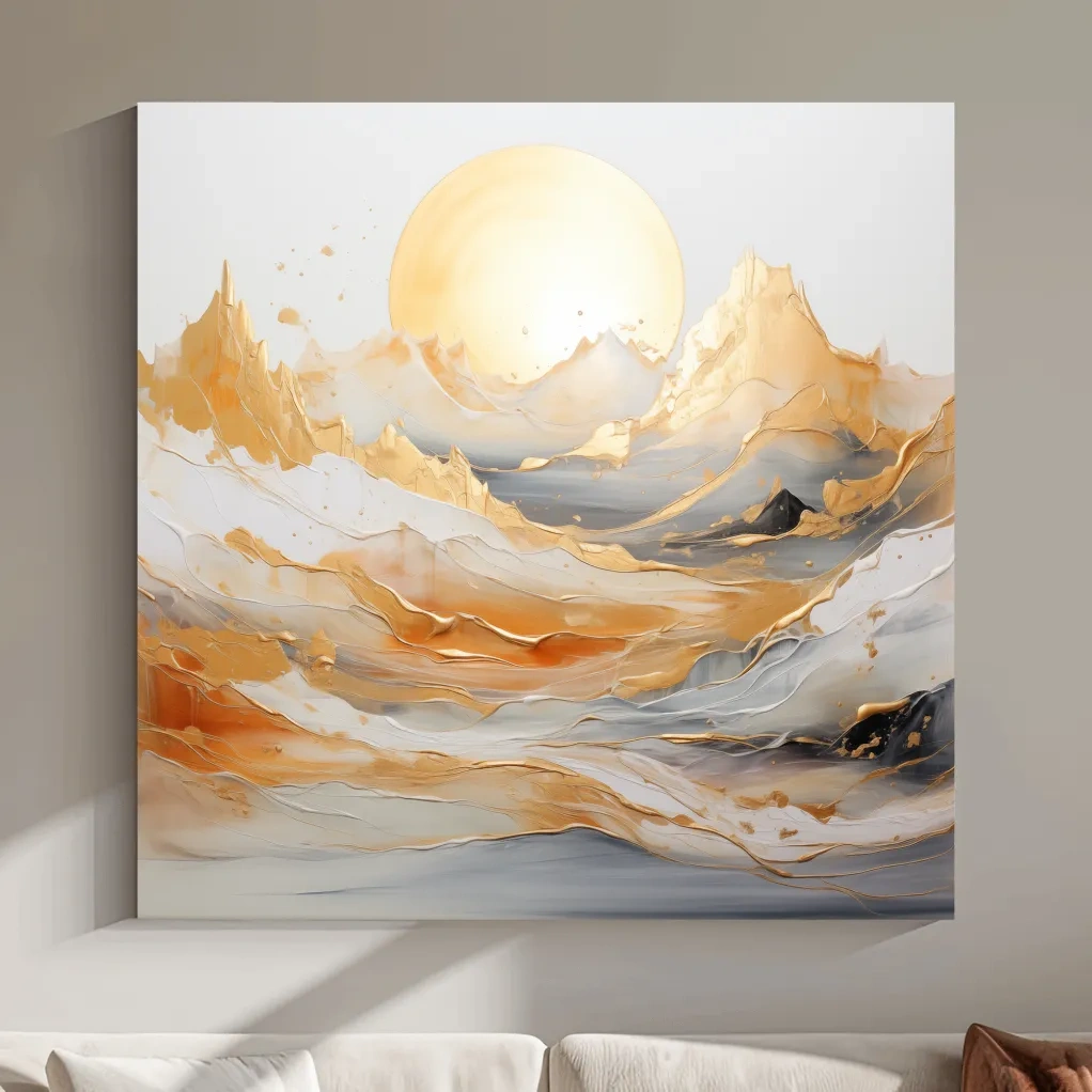Gold leaf style painting of a mountain landscape