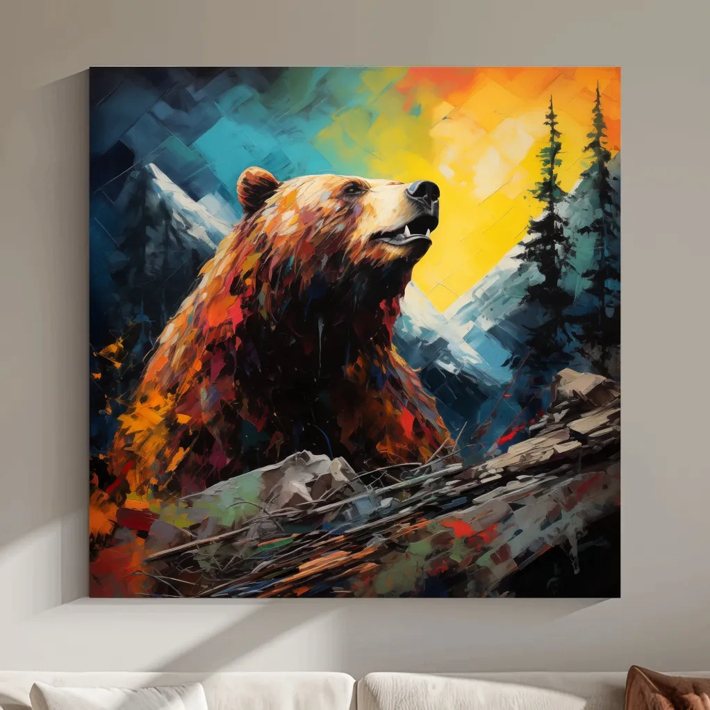 Vibrant Abstract Grizzly Bear Painting - Colorful Mountain Wildlife Wall Art