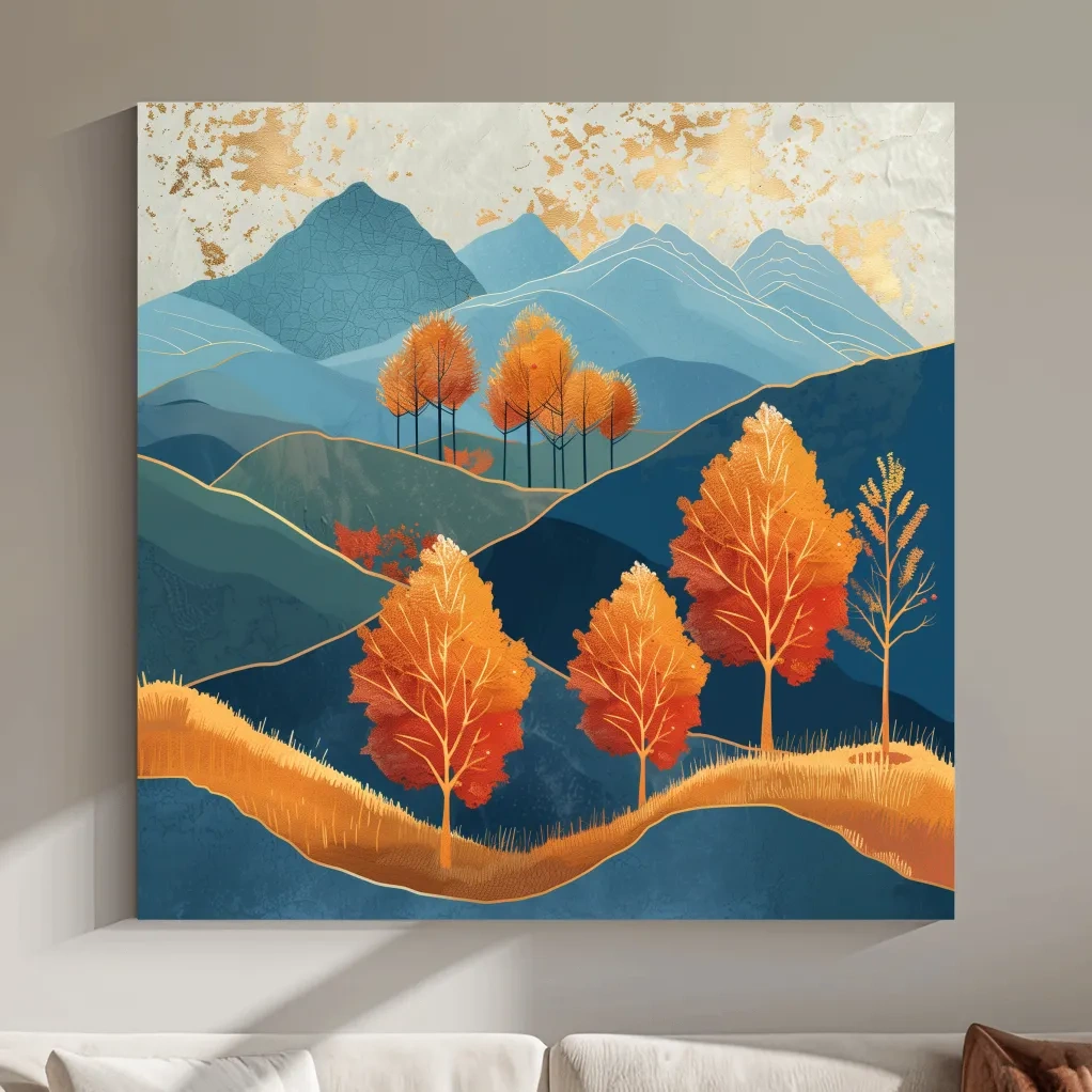 Fall in the mountains wall art, gold leaf effect artwork