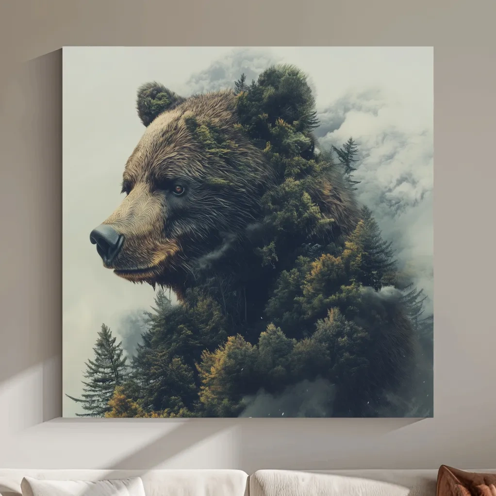 Surreal wall art, a grizzly bear morphing from a forest