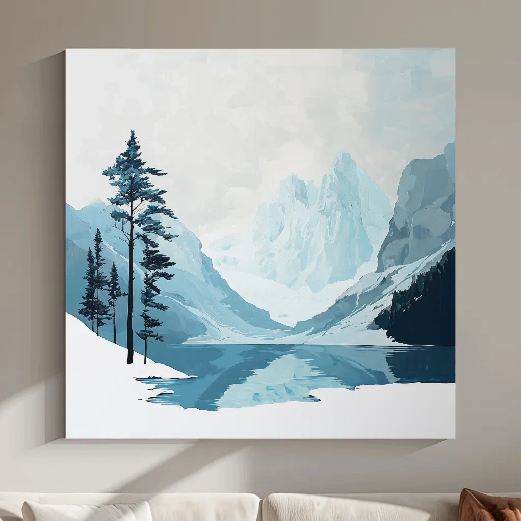 Minimalist Icy Mountain Lake - Scandinavian Winter Landscape Artwork