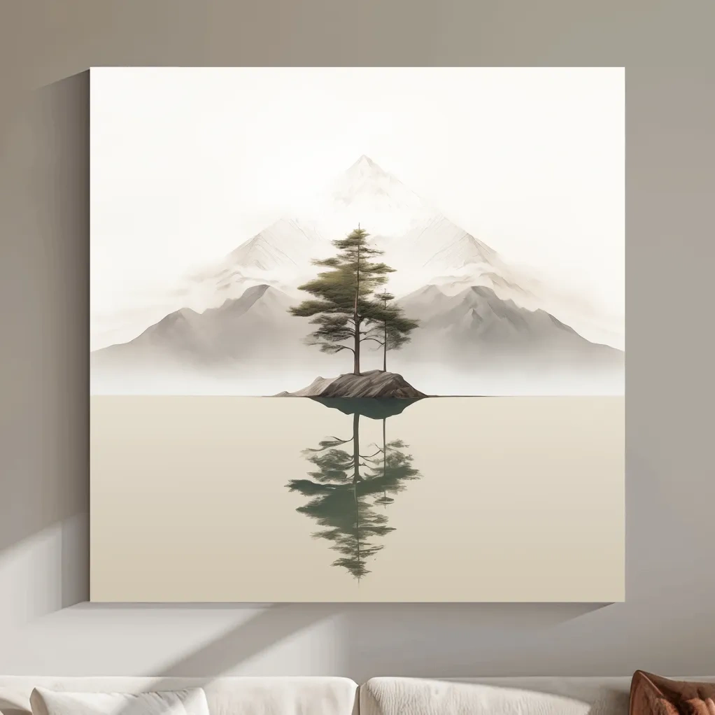 Minimal mountain art, tree reflecting on a lake