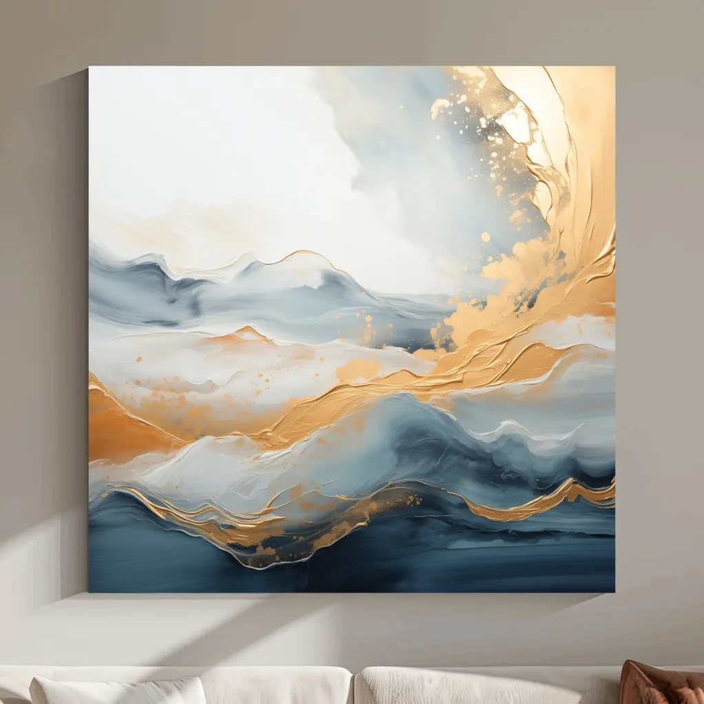 Fluid Abstract Blue And Gold Mountain Landscape - Modern Mixed Media Wall Art