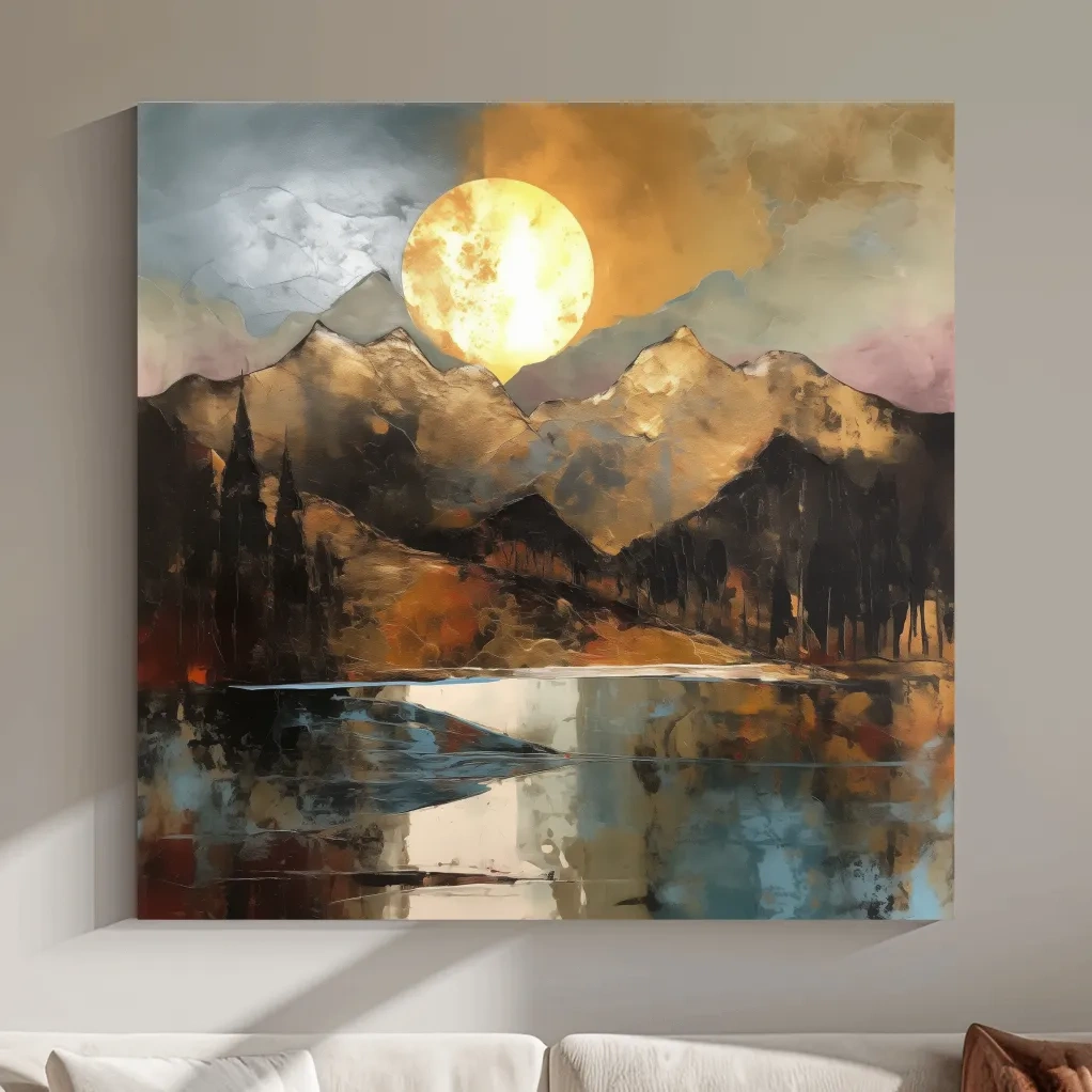 Golden mountain sunset artwork, gold leaf textured style landscape wallart