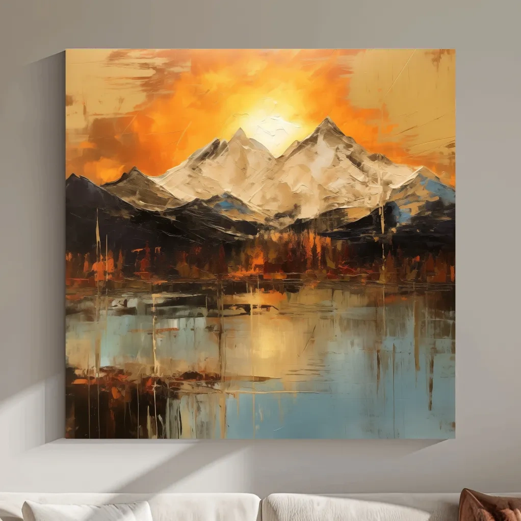 Sunset mountain artwork, oil painting style wall art print