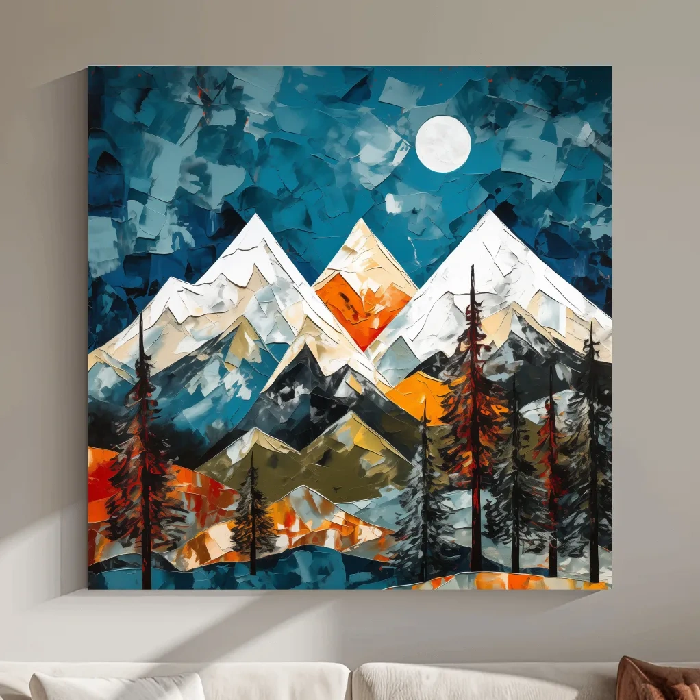 Bold thick impasto oil painting effect, trees and snow capped mountains