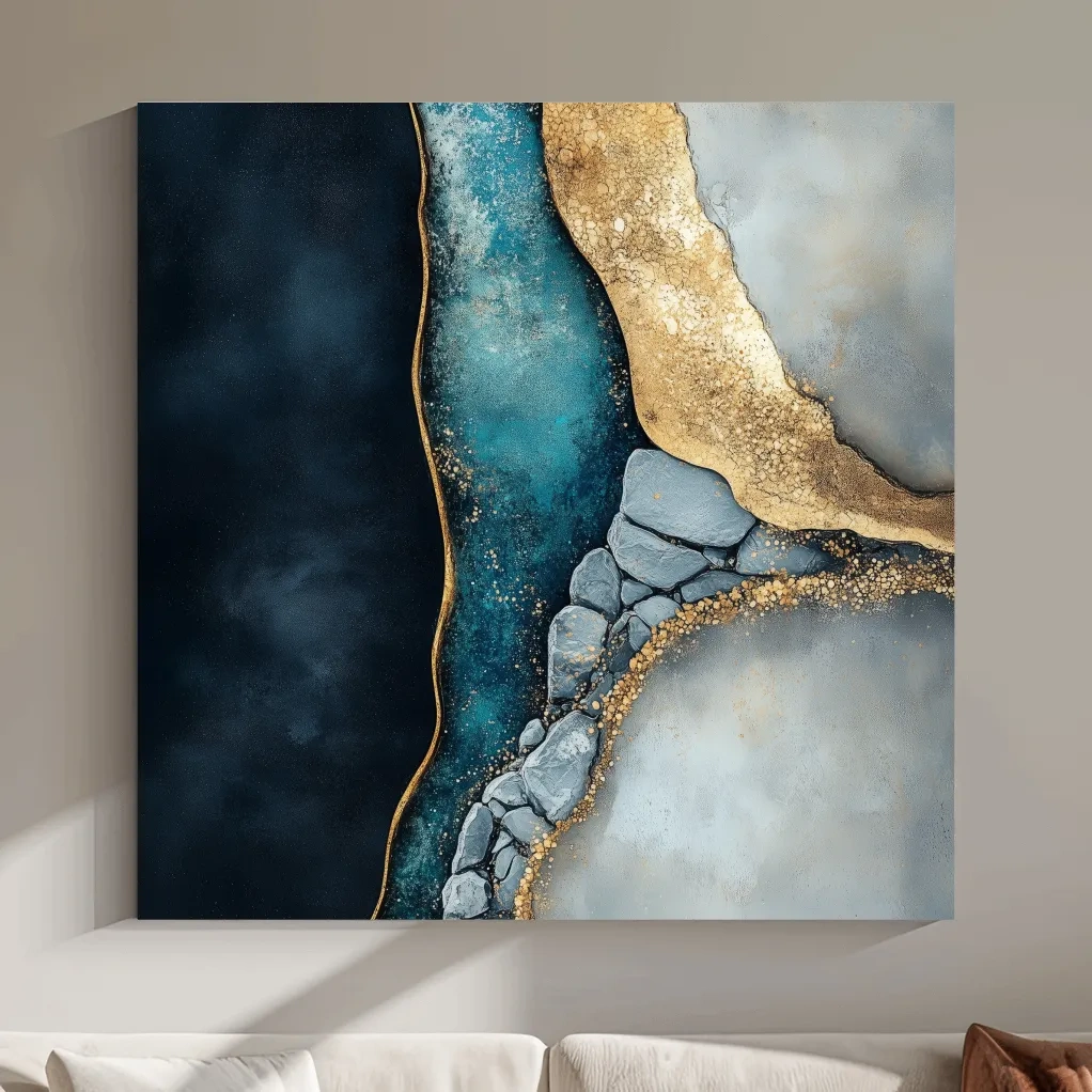 Elegant abstract riverbed rock artwork, natural flowing modern wall art