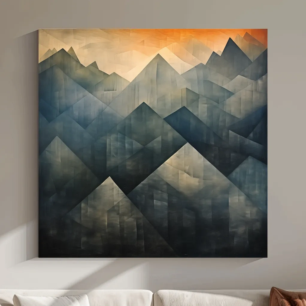 Abstract geometric mountain wall art, gradient shades with warm sunset sky