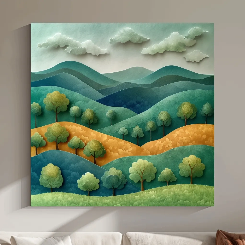 Whimsical Paper Cut Forest Hillscape - Layered 3D Mountains Landscape Wall Art