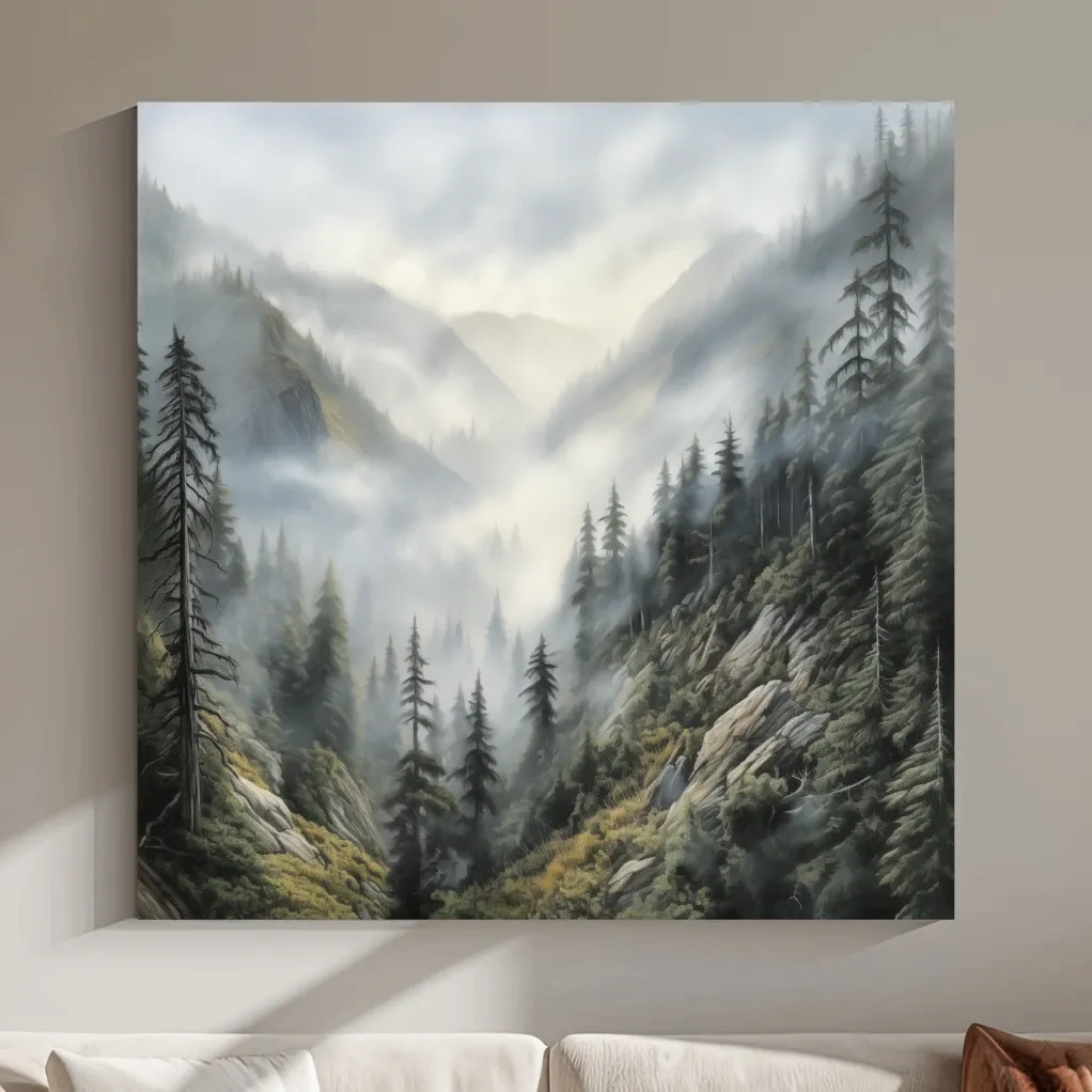 Misty Mountain Valley Pine Forest Painting - Foggy Alpine Landscape Wall Art