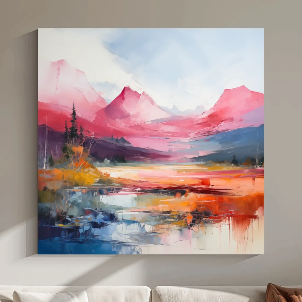 Vibrant Abstract Impressionist Alpine Lake Sunset Painting - Colorful Mountain Wall Art