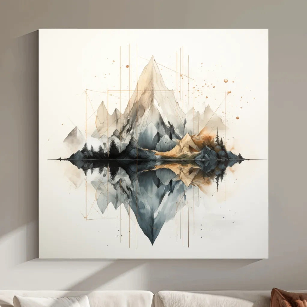 Geometric Watercolor Mountain Reflection Landscape - Modern Minimalist Wall Art