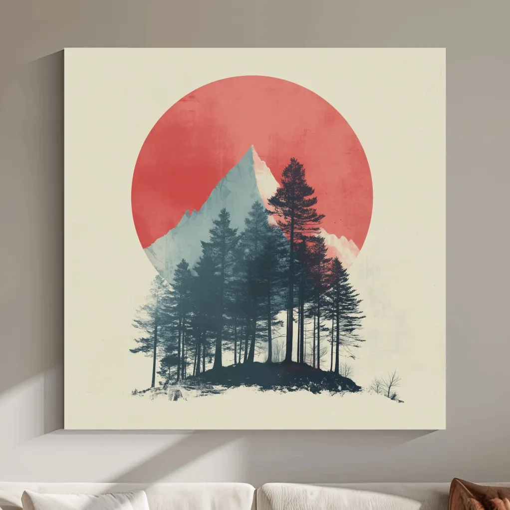 Minimalist Mountain Peak Pine Forest - Scandinavian Sunset Landscape Wall Art