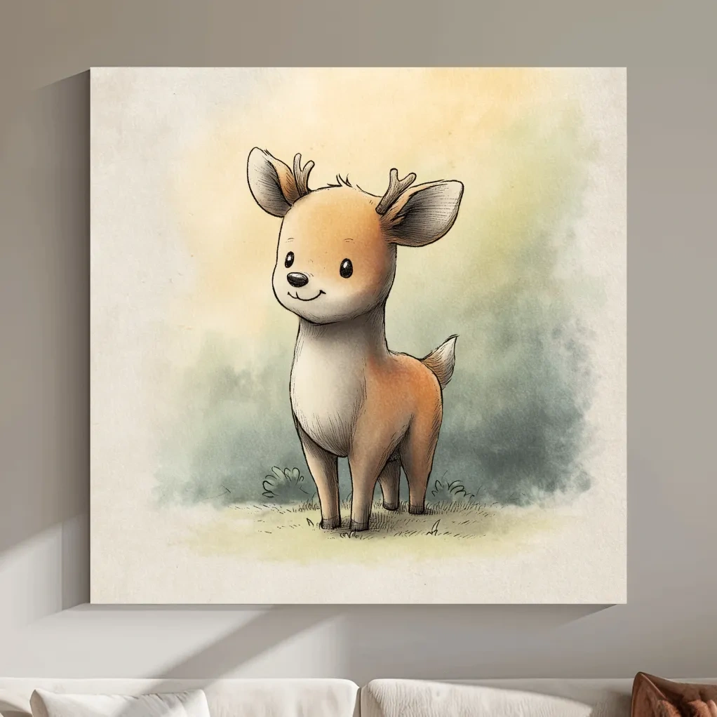 Cute Baby Deer Watercolor Illustration - Whimsical Woodland Nursery Wall Art