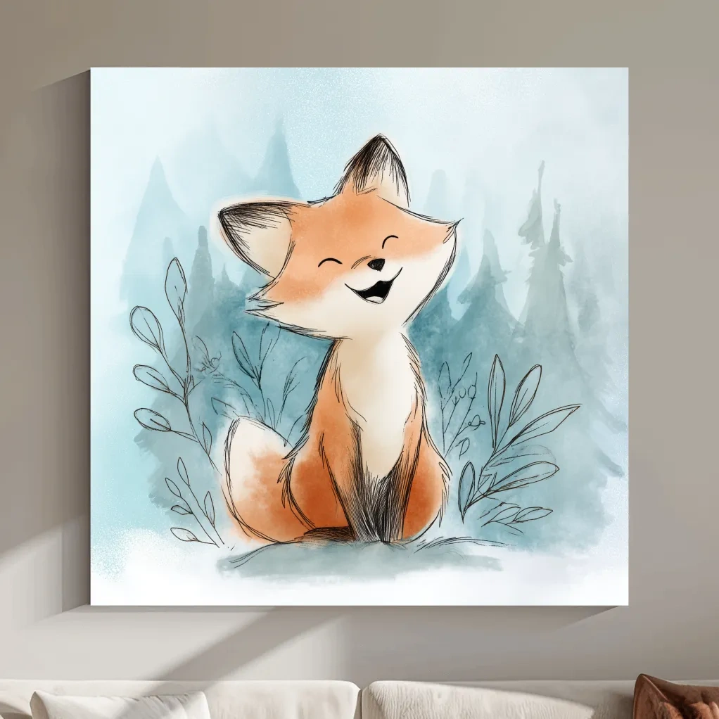 Whimsical Watercolor Fox Cub Illustration - Cute Woodland Nursery Wall Art