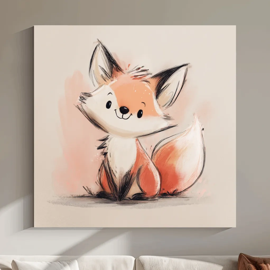 Cute Watercolor Baby Fox Illustration - Whimsical Woodland Nursery Wall Art