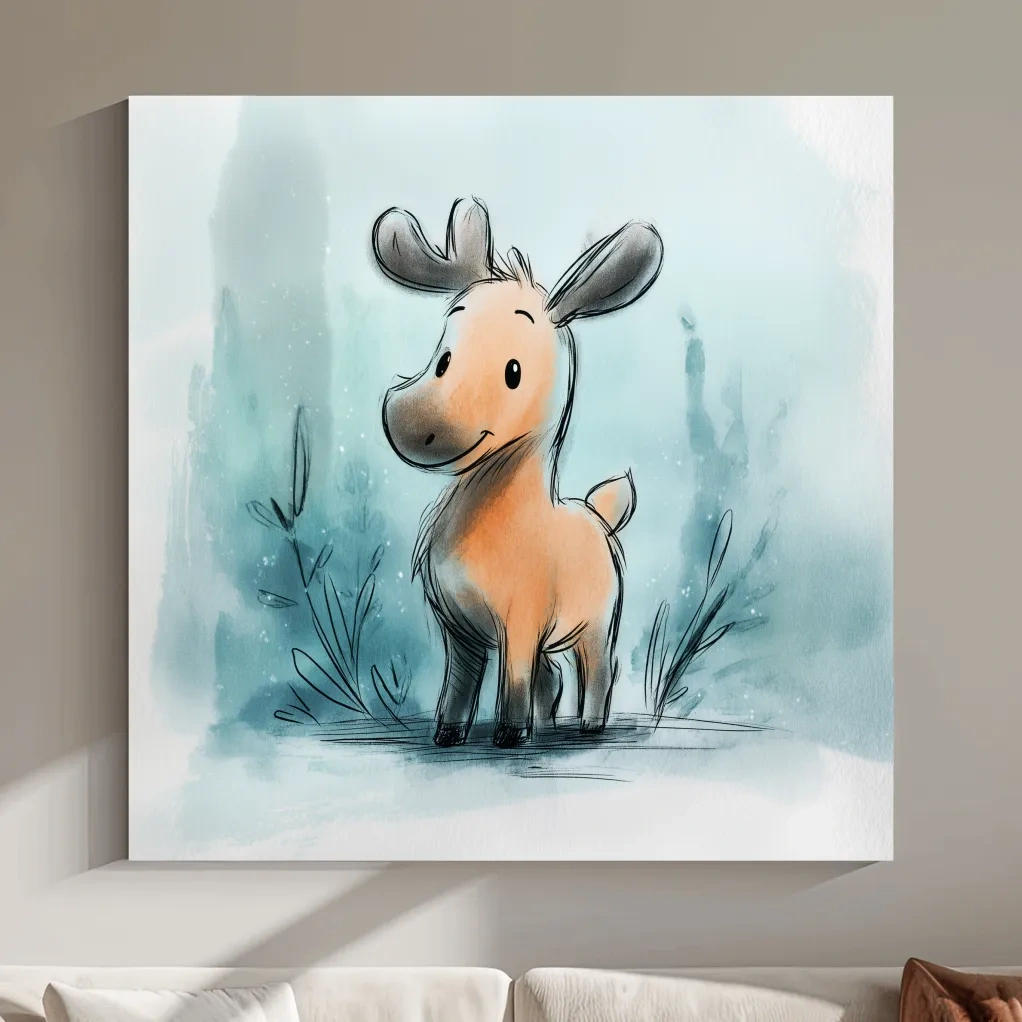 Cute Baby Moose Watercolor Illustration - Whimsical Nursery Wildlife Wall Art