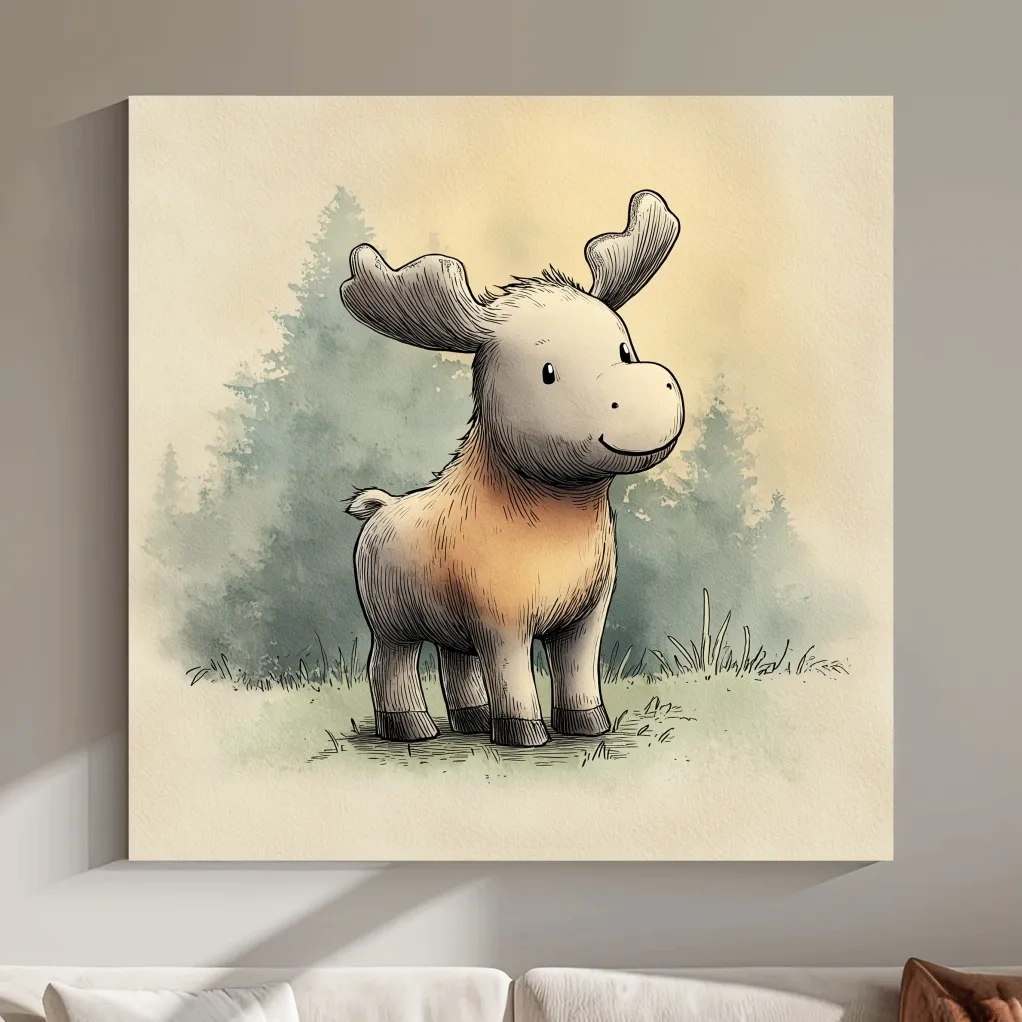 Cute Baby Moose Watercolor Illustration - Woodland Nursery Animal Wall Art