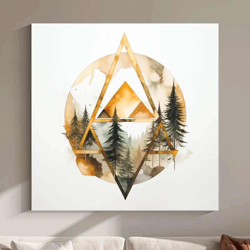 Rustic Elegant Watercolor Mountain Pine Forest - Abstract Golden Geometric Nature Wall Art