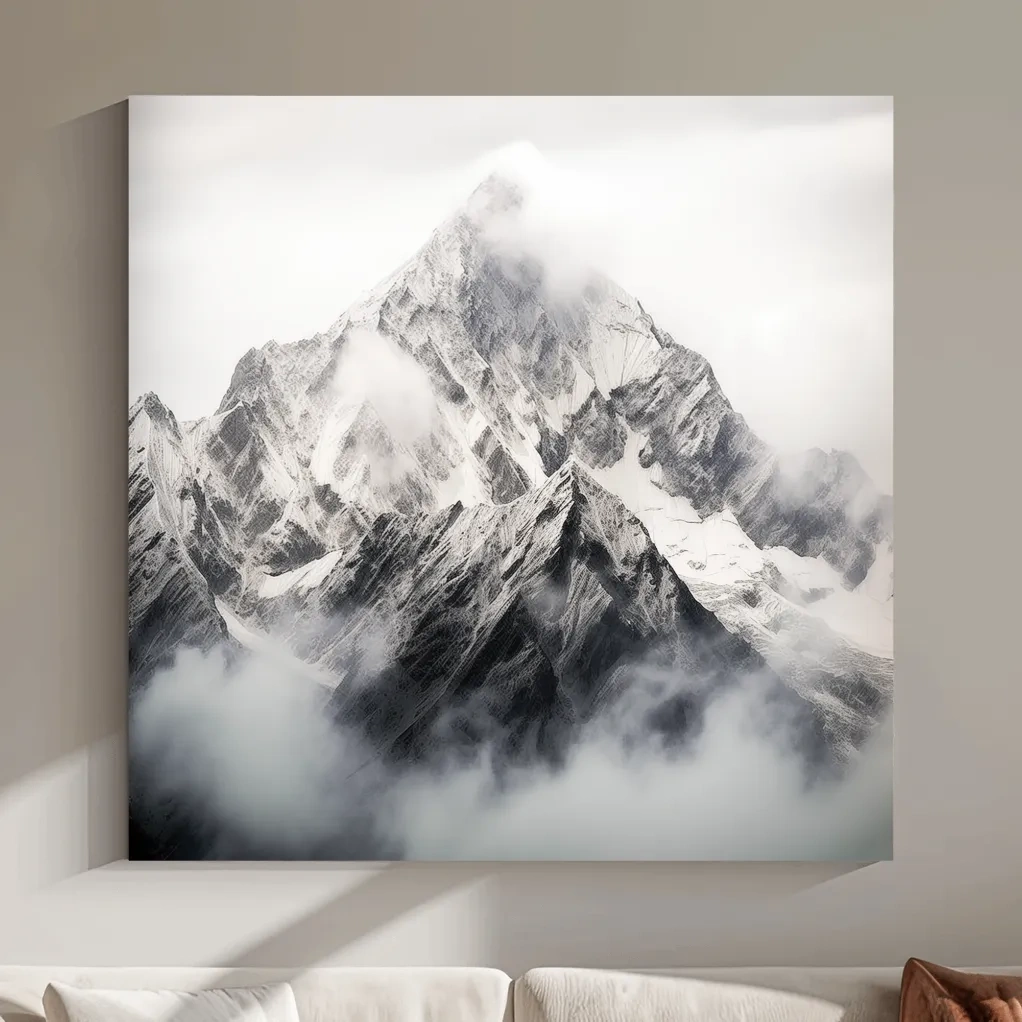 Snowcapped Alpine Peak Photography - Monochrome Mountain Wall Art