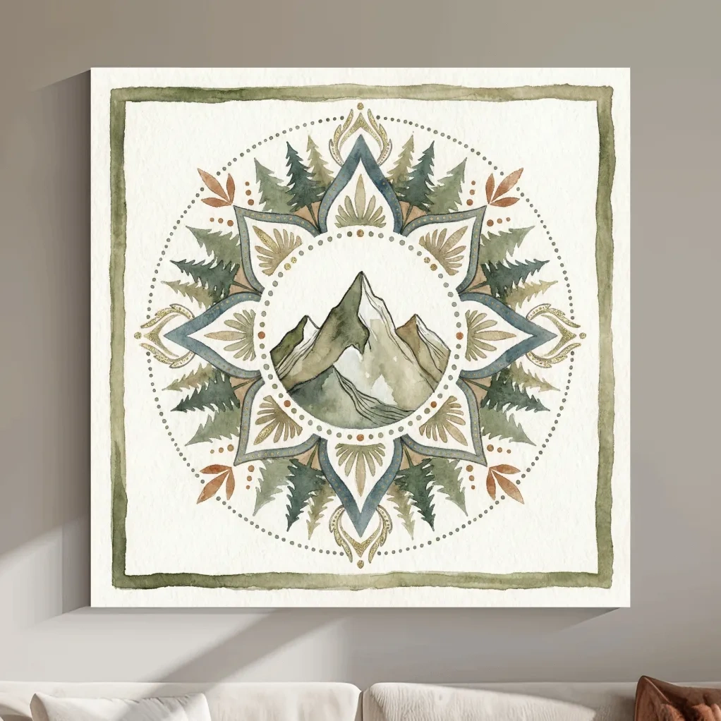 Mountain Mandala Watercolor - Boho Botanical Nature Wall Art