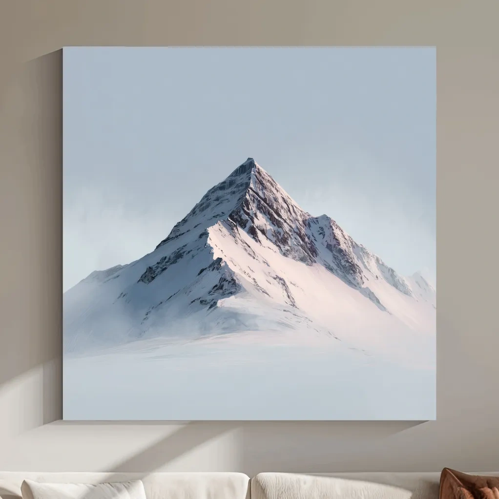 Minimalist Snowy Alpine Peak Painting - Serene Winter Mountain Wall Art