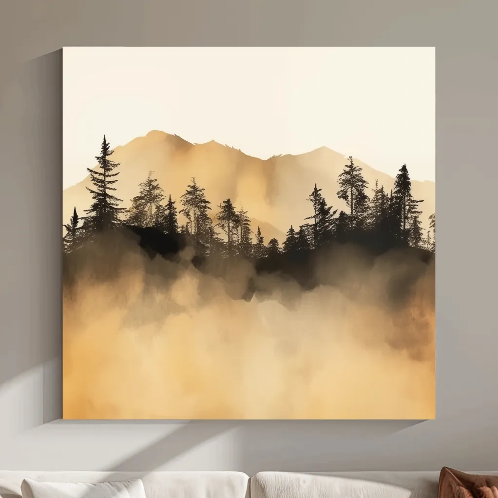 Misty Golden Mountain Pine Forest - Sepia Watercolor Landscape Wall Art