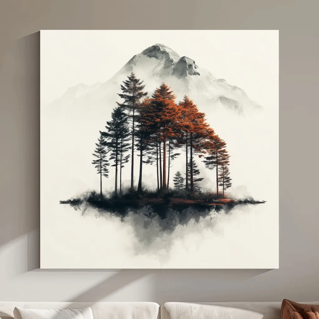 Misty Mountain Pine Forest Watercolor - Autumn Landscape Wall Art
