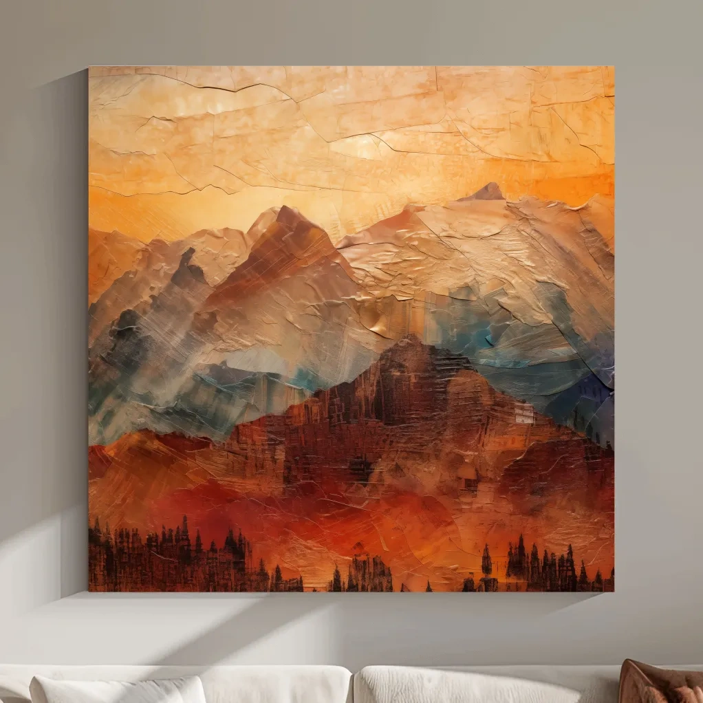 Impasto Style Abstract Mountain Range Sunset - Warm Rustic Landscape Wall Art