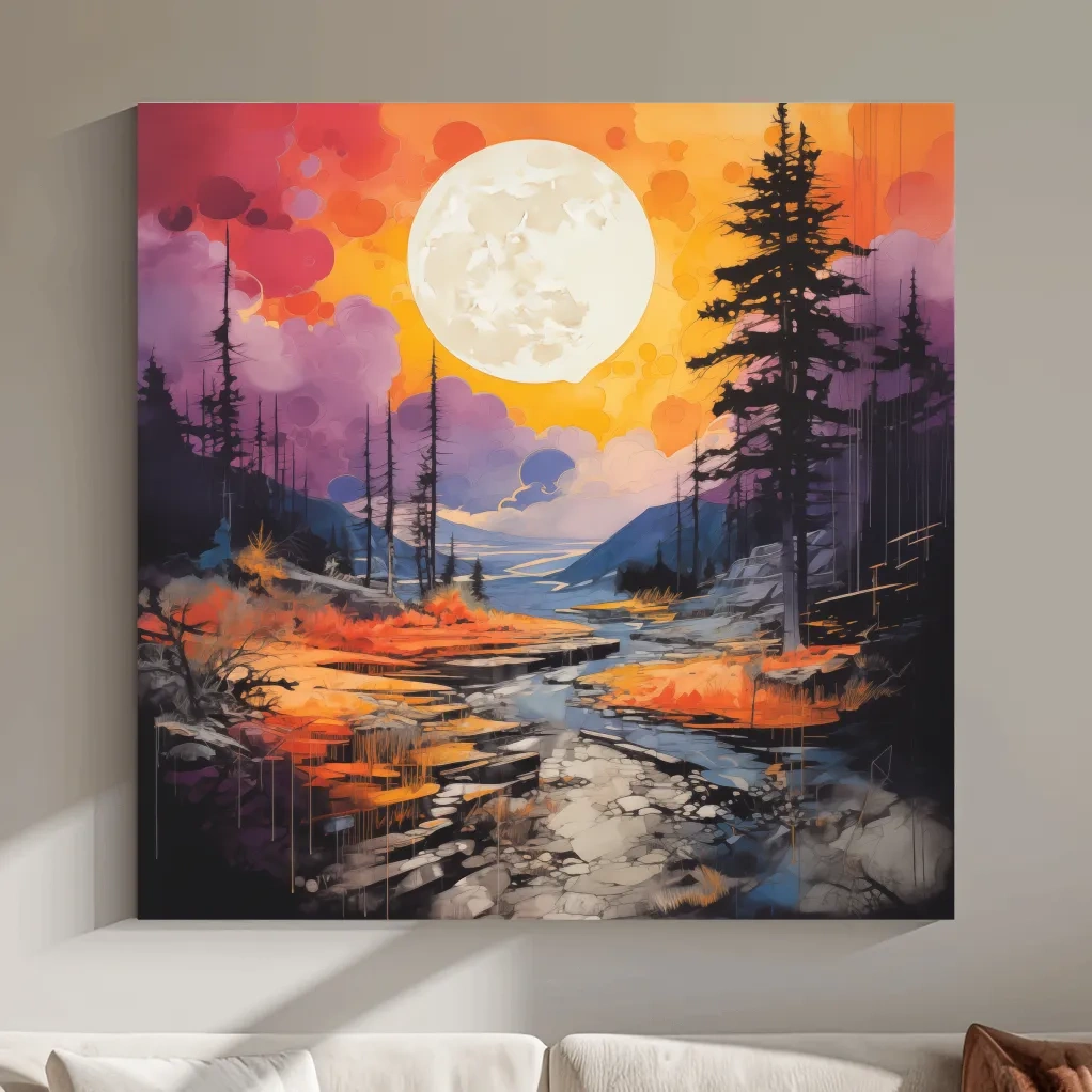 Vibrant River Valley Landscape Illustration - Abstract Sunset Forest Wall Art