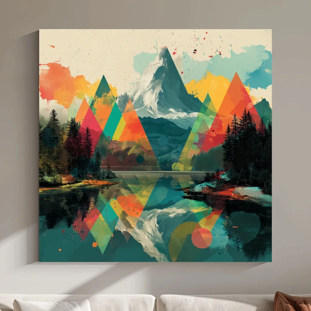 Vibrant Abstract Mountain Lake Collage Art - Colorful Alpine Wall Art